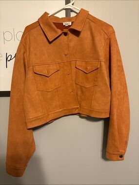POL Cropped Suede Jean Jacket in Rust Orange